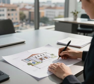 Professional photography of a real estate consultation in a modern European office. A sleek table holds architectural plans for a Spanish villa. The background shows a soft-focus view of a sunny city. Natural lighting.