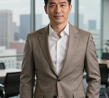 A professional North American real estate agent in a sophisticated taupe suit standing inside a modern, glass-walled office with a blurry view of a US city skyline. The mood is authoritative and trustworthy.