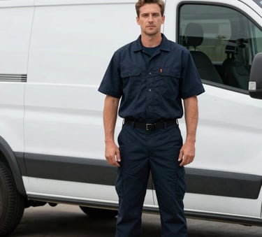 A professional technician in a clean dark navy uniform standing confidently next to a white service van in a North American / US driveway, conveying reliability and expertise.