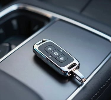 A close-up shot of a modern car dashboard with a sleek electronic key fob resting on the leather center console. The lighting is sophisticated, with subtle reflections of the brand's #8E9BAF and #3F4A5E tones on the metallic surfaces, conveying high-end technology and precision.