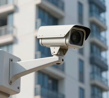 A high-angle professional photograph of a high-definition CCTV camera mounted on the corner of a modern building. Clear daylight lighting in a Southeast Asian / Malaysian residential area. Palette highlights Steel Blue and Soft Arctic White.