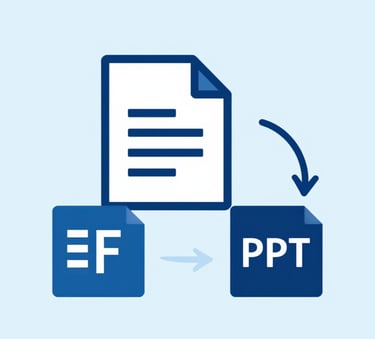 A modern graphic showing a PDF icon being converted into a Word, Excel, and PPT icon with curved motion arrows. The style is clean and professional using #214E87 and #0A192F, against a #D6E0F0 background.