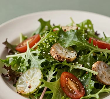 A close-up shot of a healthy, vibrant salad with greens and proteins on a plate with soft off-white and muted sage accents, professional studio lighting, clean and premium food photography.