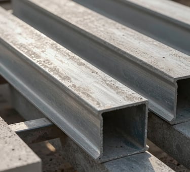 Close up of high-quality construction materials like polished concrete and steel beams, morning light, industrial aesthetic, Middle Eastern / Anatolian architectural style, professional photography.