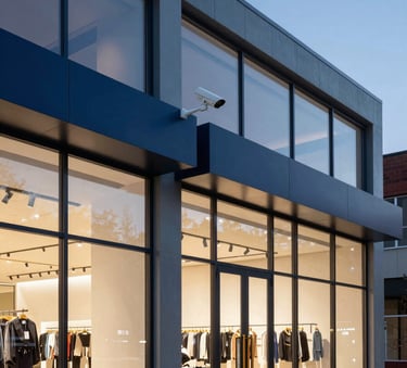 A high-end North American / US retail storefront at dusk, featuring a modern glass facade with professional security cameras in Slate Blue and Deep Navy accents integrated into the architecture. Professional, sharp lighting.