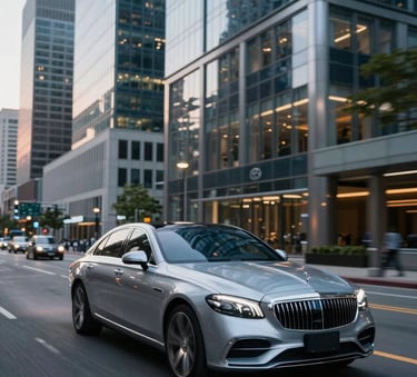 A high-speed shot of a luxury vehicle moving through a clean, modern North American city street lined with glass skyscrapers, silver and deep blue lighting tones.