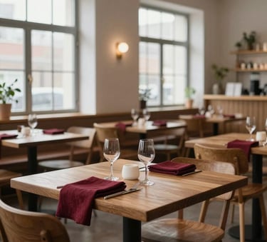 A wide shot of a minimalist Scandinavian-style restaurant dining room. The space features wooden furniture, Deep Ripe Crimson linen napkins, and large windows with soft daylight.