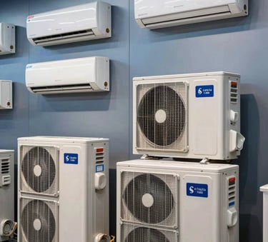 A high-end showroom in North American / US with various modern air conditioning condenser units on display. The lighting is bright and professional, highlighting the metallic finish of the units against a medium steel blue accent wall.
