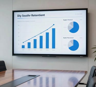 A high-end, modern North American conference room featuring a large digital screen displaying positive growth metrics and analytics. The lighting is soft and natural, reflecting off a polished wooden table. The style is professional and sophisticated with a color palette of white, black, and soft grey.