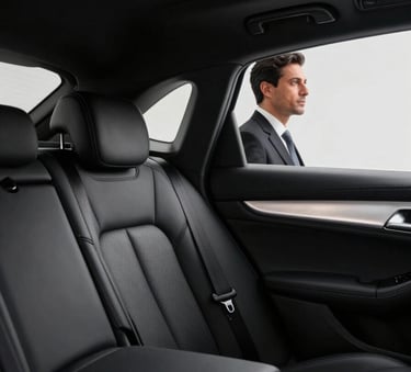 Interior luxury view of the rear seat of a car. Premium black leather upholstery, crystal white interior accent lighting. A glimpse of a professional executive in a suit (South American / Brazilian) looking out the window. High-end, sophisticated mood.