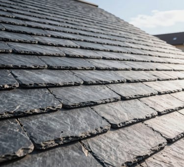 A close-up photograph of a clean, perfectly maintained slate roof with precise alignment. Bright daylight, clear sky, showing the high-quality craftsmanship of a professional roofing service in a Central European residential area. Professional and reassuring atmosphere.