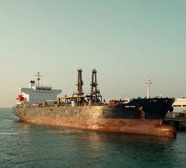 A professional wide-angle photograph of a modern industrial crude oil tanker docked at a sleek terminal in the UAE, with deep forest green waters and a soft sage green sky at dawn.