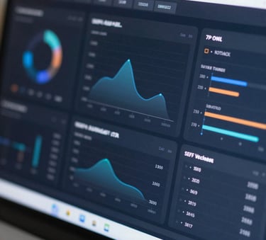 A clean, high-tech dashboard interface showing data analytics and performance metrics with a professional color scheme of deep blues and greys, reflecting modern SAP software.