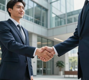 A medium shot of two business professionals shaking hands in a sleek, glass-walled lobby of a modern corporate building. Sharp focus on the handshake, blurred background of a sophisticated architectural interior. North American / Spanish-speaking professional context, bright natural lighting, palette of navy blue and soft gray.