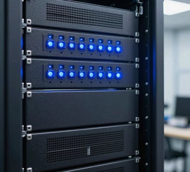 A close-up photograph of professional server rack infrastructure with glowing blue indicators, located in a clean and modern South American engineering facility.