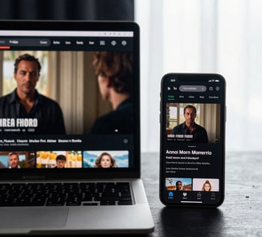 A high-quality shot of a laptop and a smartphone side-by-side, both streaming the same high-resolution movie in a room with soft natural lighting and dark navy accents.