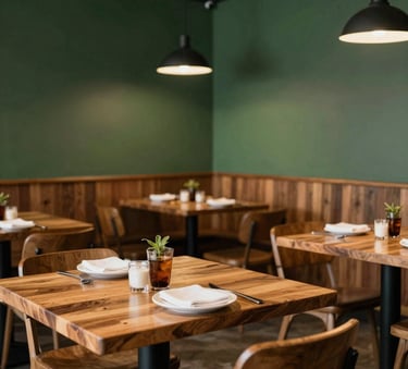 Interior of a modern, cozy North American / US artisanal restaurant with warm wood tables, matte forest green walls, and soft ambient lighting, showcasing an inviting atmosphere for local diners.