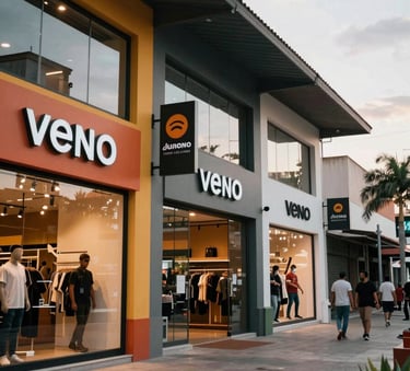 A wide shot of a modern retail environment in a South American city, featuring vibrant storefronts and professional signage, soft natural lighting, reflecting a bustling commercial atmosphere.
