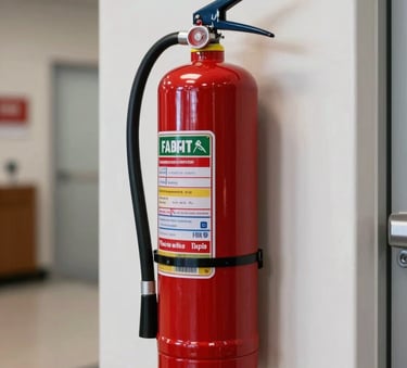 A professionally mounted red fire extinguisher on a clean white wall in a modern North American commercial hallway, bright lighting, high contrast.