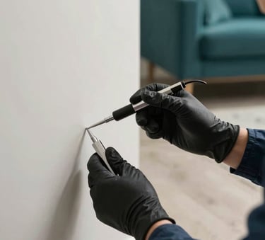 A close-up shot of a professional technician’s gloved hands using a precision tool near a baseboard inside a modern North American / US living room. The room features cool off-white walls and deep teal decor accents, emphasizing a clean and safe environment.