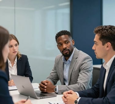 A collaborative meeting in a glass-walled conference room. Three diverse professionals in smart business attire are engaged in discussion. The scene is bright and airy, with soft powder blue walls and dark navy professional accents.