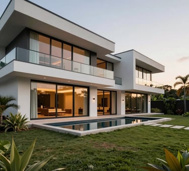 A wide-angle professional photograph of a luxury modern villa in Riviera 3, Abidjan, featuring clean lines, large glass windows, and lush West African landscaping at sunset.