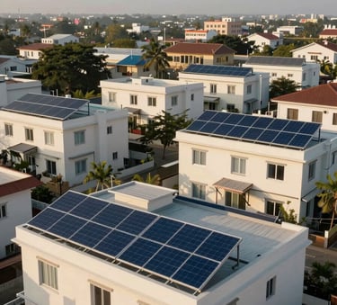 A wide shot of a modern residential neighborhood in a South Asian / Indian city with several houses featuring prominent solar panel arrays on their rooftops, afternoon sun, soft off-white and deep blue color palette.