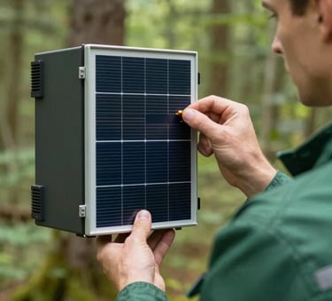 Close-up of a professional technician in deep forest green workwear inspecting a solar inverter with precision, bright and clear environment, Central European setting.
