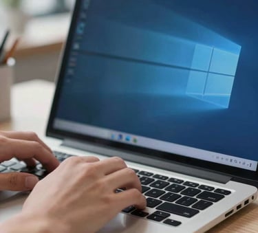 A close-up photograph of a developer's hands working on a high-end laptop in a bright North American office studio, with reflections of light blue and deep blue on the screen glass, sharp focus on the keyboard, professional lighting.