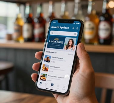 A close-up photograph of a modern smartphone in a person's hand showing a mobile app, in a South American / Brazilian cafe setting with blurred beverage bottles on a shelf in the background. Natural morning lighting.