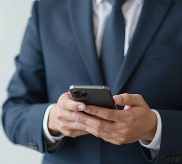 A close-up photograph of a modern smartphone screen displaying a sleek website interface, held by a professional in a South American corporate setting, natural daylight from a nearby window.