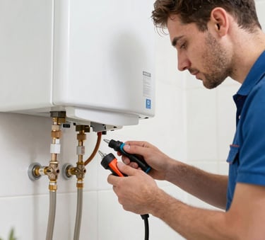 A professional technician using modern tools to repair a water heater system in a Middle Eastern / Turkish home setting, bright and clean composition, professional photography.