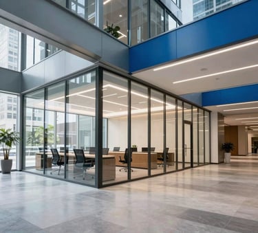 Wide shot of a bright, modern commercial office space in a North American city, featuring gleaming glass partitions, pristine floors, and a professional, airy atmosphere with steel blue accents.