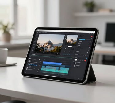A high-end tablet on a sleek desk in a bright office in Istanbul, Turkey, displaying a minimalist video editing software interface, morning light, professional setting.