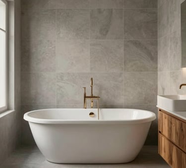 Elegant bathroom interior in a Dutch home, featuring a freestanding tub, muted gray tiles, and warm wood accents, soft diffused light.