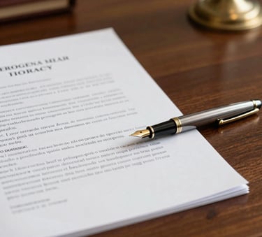 Close-up of legal documents and a classic fountain pen on a polished dark wood desk, soft warm lighting, professional lawyer office atmosphere in European Portuguese style.