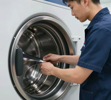 A professional technician wearing a sleek uniform with the brand colors #0B1A2B and #8AA4BC, inspecting the internal drum of a large industrial washing machine in a well-lit, modern laundry facility. Clean, technical, and sophisticated atmosphere.