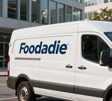Photography of a professional white service van with clean branding parked outside a modern office building in a US city. Bright morning sun, professional and reliable atmosphere.