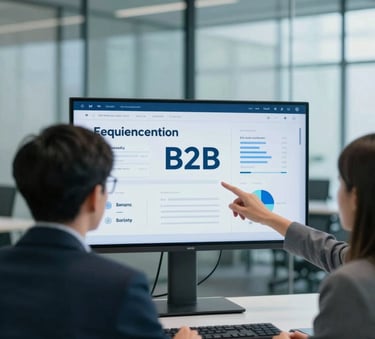A professional B2B meeting in a modern glass office, two people reviewing a digital strategy on a screen, lighting is professional and bright, incorporating deep teal and light blue tones.