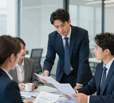 A group of professional accountants in formal attire discussing financial reports in a modern, brightly lit office with glass walls, featuring a professional and reliable atmosphere with brand colors #2C528B and #F0F4F8.