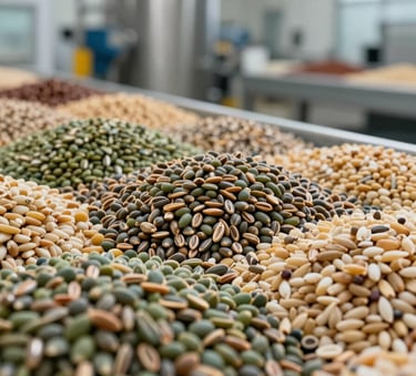 Close-up of high-quality raw agricultural seeds and processed grains in a modern South American industrial facility, clean and professional setting with soft lighting and forest green and bronze tones.