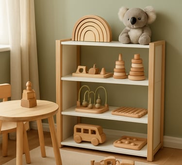 A bright Australian playroom with educational wooden toys and a small, tasteful koala plush on a shelf. The lighting is soft and natural, emphasizing a clean and professional early childhood setting with muted green and cream accents.