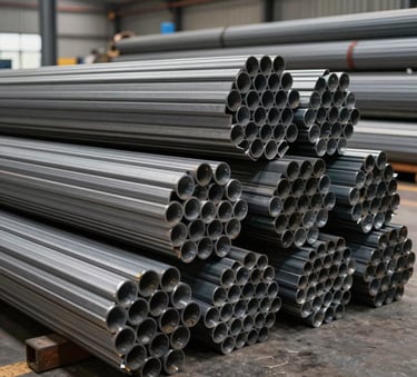 Professional photography of organized stacks of various industrial steel pipes and tubes in a well-lit Latin American warehouse, metallic gray tones, clean corporate industrial style.