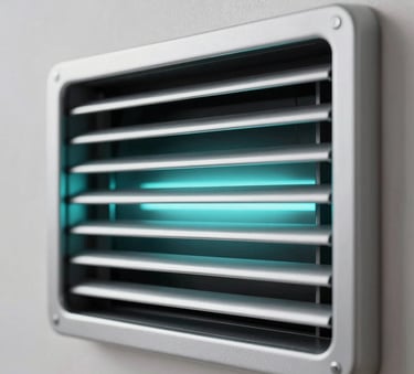 A close-up of a modern silver climate vent in a high-end Miami residence, with a soft light cyan glow emanating from the slats, emphasizing clean air flow and futuristic design.