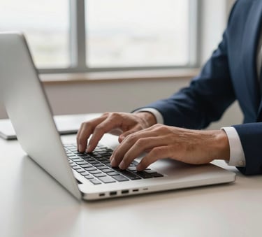 A close-up of a person's hands typing on a modern laptop in a clean, professional office in Brazil, soft daylight through large windows, steel blue and off-white tones.