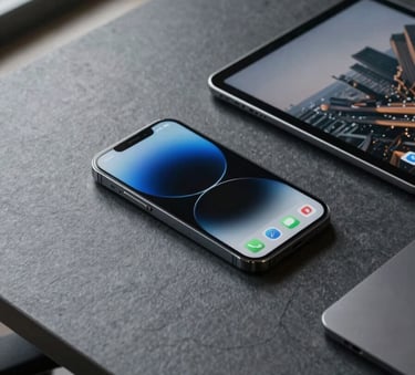 A top-down view of a sleek smartphone and a tablet on a dark slate grey desk, showcasing a modern UI design. The setting is a minimalist office in a Southeast Asian / Indonesian city, with natural light coming from a nearby window.
