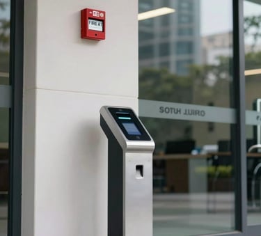 A modern office entrance in a Bengaluru corporate park, featuring a sleek biometric fingerprint scanner and a wall-mounted fire alarm panel, South Asian / Indian corporate environment, daylighting.