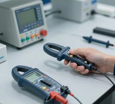 A close-up shot of high-precision multimeters and clamp meters being calibrated on a sterile, modern laboratory workbench. The lighting is bright and industrial, highlighting the clean lines and professional setting. Colors like #0D2B44 and #F7F8F9 are present in the equipment and environment.
