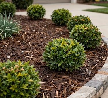 Meticulously maintained flower bed in a US residential front yard, featuring fresh dark brown mulch, neatly pruned ornamental shrubs, and defined stone edging, clear and professional aesthetic.