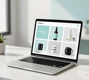 A high-end product gallery professionally displayed on a laptop screen, positioned on a clean white desk in a modern Latin American office setting. The composition is clean and minimalist with soft morning light and pale cyan accents.